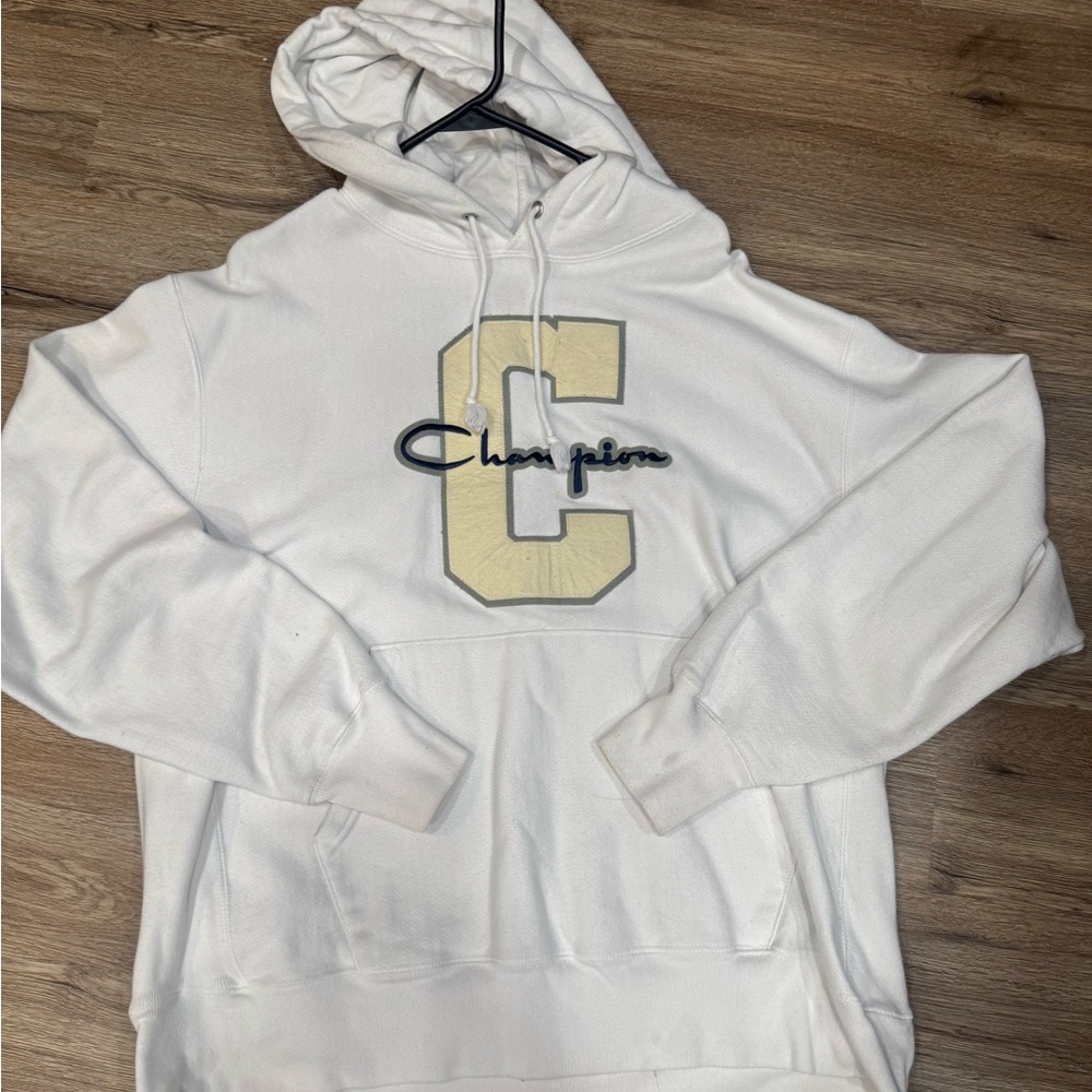 Champion White Hoodie with Cream & Black Logo